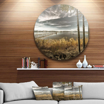 Pier in Brown Lake - Landscape Round Metal Wall Art